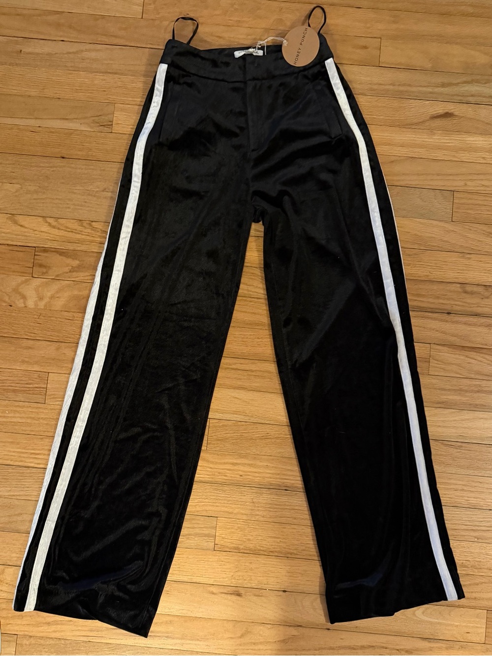 Honey Punch Black Velour Joggers with White Side Stripes